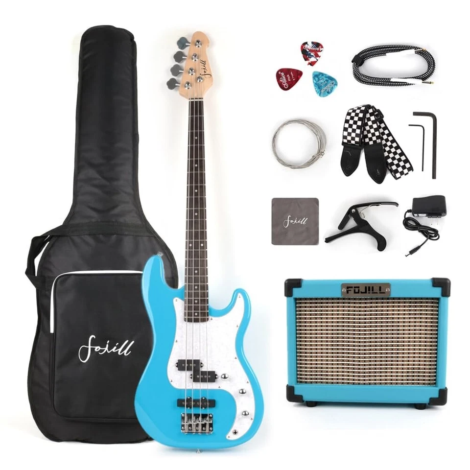 Blue color electric pj bass set with amplifier gigbag strap string cable picks - Image 1 of 4