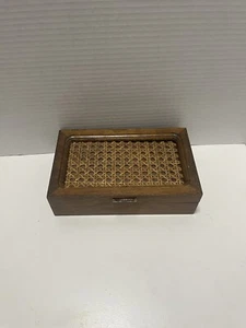 Vintage Wicker Rattan Jewelry Box Organizer Velvet Interior Wood Boho Trinket - Picture 1 of 11