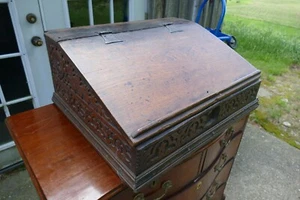 antique primitive 17th c Bible Box carved oak & pine forged butterfly hinges - Picture 1 of 8