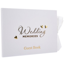 Modern Wedding Day Guest Book with Ivory Faux Silk Fabric Ribbon and Gold Hea...