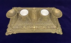 Antique Solid Brass Inkstand Double Inkwell With Porcelain Liners Depose Style - Picture 1 of 9