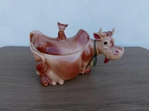 VINTAGE BRUSH McCOY *ELSIE THE COW W / WINKING CAT ON HER BACK* COOKIE JAR W10 - Picture 1 of 15
