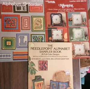 Lot of 3 cross stitch Alphabet & Borders, Needlepoint sampler, Monza script - Picture 1 of 2