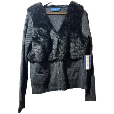 SIMPLY VERA WANG XL Fur Front Wool Blend Sweater Cardigan Charcoal Gray $78 NWT - Image 1 of 4