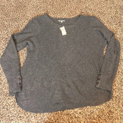 Maurices Womens 1X Gray Waffle Knit Long Sleeve Button Cuff Pullover Top - Image 1 of 4