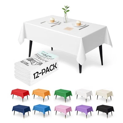 12-Pack White Plastic Tablecloths – 54 x 108 Inch Disposable Table Covers for... - Image 1 of 4