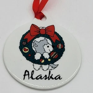 Merry Christmas from Alaska Ceramic Ornament 2.75" Wolf Dog with Wreath - Picture 1 of 8