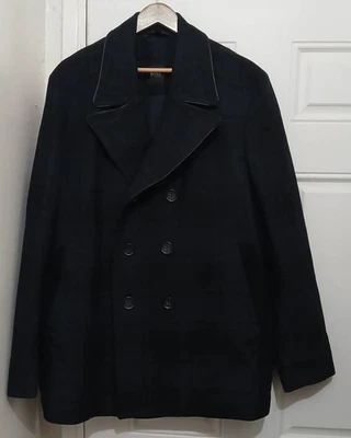 Hugo boss mens Sz 46R wool coat blue black double Breasted leather trim xlarge - Image 1 of 4