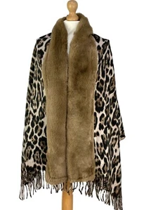 Leopard Print Plain Stripe Dots Scarf With Faux Fur Poncho Super Soft Shawl Wrap - Picture 1 of 9
