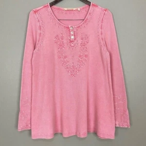 Soft Surroundings Embroidered Thermal Tee Women’s Size L Sunwashed Thermal Pink - Picture 1 of 8