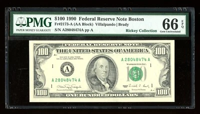 DBR 1990 $100 FRN Boston Gem Fr. 2173-A PMG 66 EPQ Serial A28048474A - Image 1 of 2