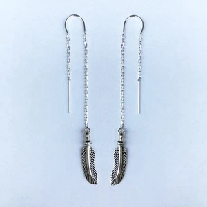 Sterling Silver Feather Threaders, Feather Dangle Earrings, Unique & Edgy - Picture 1 of 2