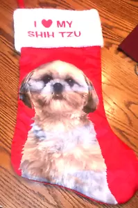 I LOVE MY SHIH TZU 17” x 9” Red Satin Christmas Stocking EUC - Picture 1 of 2