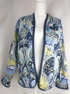 Koret Blazer Jacket L Stiched Quilted Look, Blue/ Yellow Open Front Cardigan - Picture 1 of 10