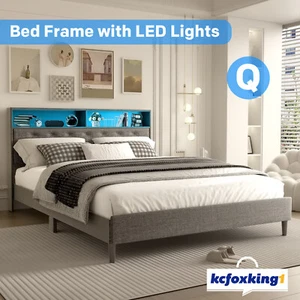 Queen Size Bed Frame Platform Mattress Base Storage Headboard with LED Light - Picture 1 of 8