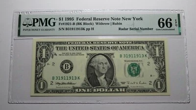 $1 1995 Radar Serial Number Federal Reserve Currency Bank Note Bill PMG UNC66EPQ - Image 1 of 3