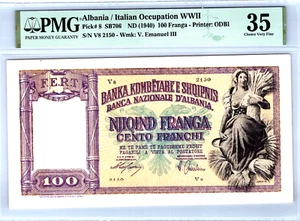 Albania 100 Franga 1940 Pick# 8 Italian Occupation WWII PMG 35 Choice VF - Picture 1 of 13
