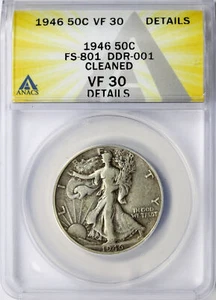 1946 50c Walking Liberty Half Dollar FS-801 DDR-001 ANACS VF30 Details Cleaned - Picture 1 of 4