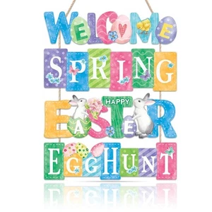 Welcome Spring Wooden Sign (11.7”x2.8” Set of 4), Colorful Happy Easter Egg H... - Picture 1 of 7