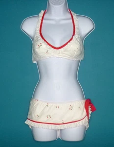 Vtg 70s Sears Jr Bazaar Cotton Bikini White Red FLOCKED Flowers Ruffle Sz M - Imagen 1 de 18