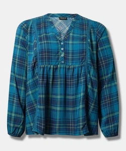 Blusa Top Torrid Para Mujer Talla 6X Challis Relajada Manga Larga A Cuadros Azul Verde - Imagen 1 de 7