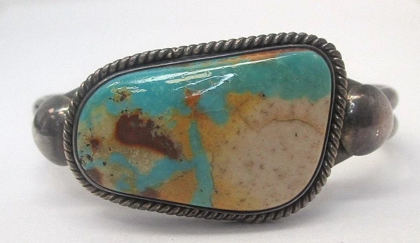 Vintage Navajo Sterling Silver Cuff Bracelet Begay Green Turquoise Signed - Image 1 of 4