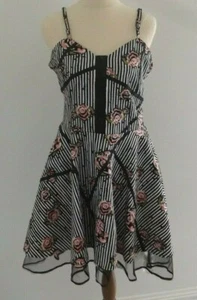 Sweet Vengeance Black & White Striped Dress with Pink Rose Pattern Size 12. - Picture 1 of 8