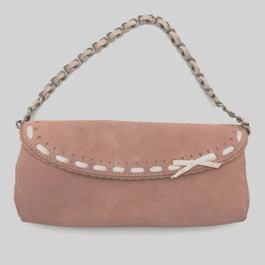 Banana Republic Pink Suede Bow Silver Link Chain Flap Over Clutch Shoulder Bag - Picture 1 of 12