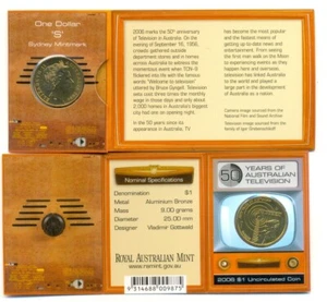 Moneda de 1 dólar 2006 sin circular: marca de ceca "50 años de televisión australiana" "S". - Imagen 1 de 1