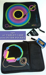 10" TABLET CASE npw BLACK Neon Rainbow HEADPHONES & TURNTABLE PRINT Front Pocket - Picture 1 of 12