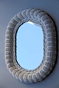 White Painted Wicker Shabby Chic French Country Farm House Boho Mirror - Picture 1 of 7