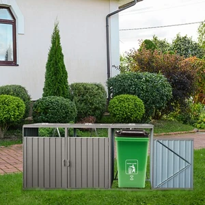 3 Trash Cans Outdoor Metal Garbage Bin Shed Ventilated and Lockable Lawn Grey - Picture 1 of 10