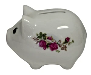Vintage Floral Piggy Bank White Rose Floral Pattern Small Ceramic 1980s - Picture 1 of 8