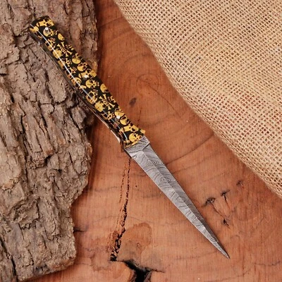 CUSTOM DAMASCUS Steel Dagger boot hunting Punisher skull handle biker knife EDC - Image 1 of 4