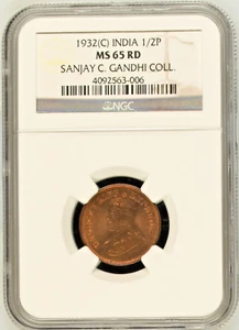 1932 (C) British India 1/2 Pice NGC MS65 RD Bronze George V KM#510 Calcutta BU - Picture 1 of 2