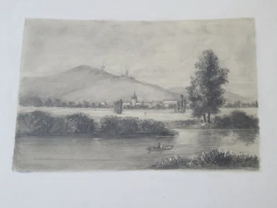 Ecole FRANCAISE XIX DESSIN ESTOMPE PAYSAGE RIVIERE MOULIN VENT ROMANTISME 1855 - Photo 1/4