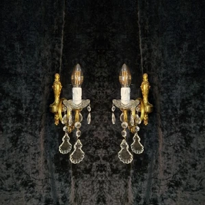 Lovely Pair of Vintage French Leaf Brass Crystal 1 Arm Wall Lights Sconces - Picture 1 of 10