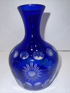 Bohemian Glass Cobalt Blue Cut to Clear Thumbprint Decanter 6.25"T 2.5 Cups - Picture 1 of 10