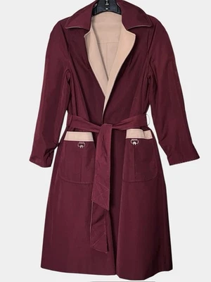 VTG 80s ETIENNE AIGNER WINE & TAN REVERSIBLE OPEN BELTED TRENCH COAT PETITES 12P - Image 1 of 4