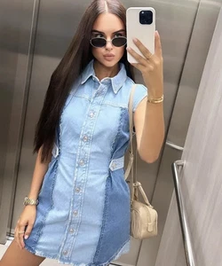 NWT ZARA Z1975 Patchwork Cotton Denim Mini Dress Blue 5862/085 Size S - Picture 1 of 9