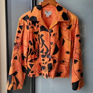 VTG ANAGE Blazer Small Jungle Zoo Animal Wearable Art Dec Orange/Black Lined - Picture 1 of 13