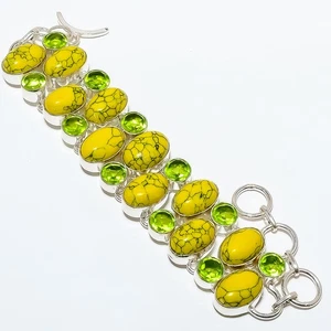Mosaic Balloon Jasper, Peridot 925 Sterling Silver Bracelet 7-7.99" B114 - Picture 1 of 1