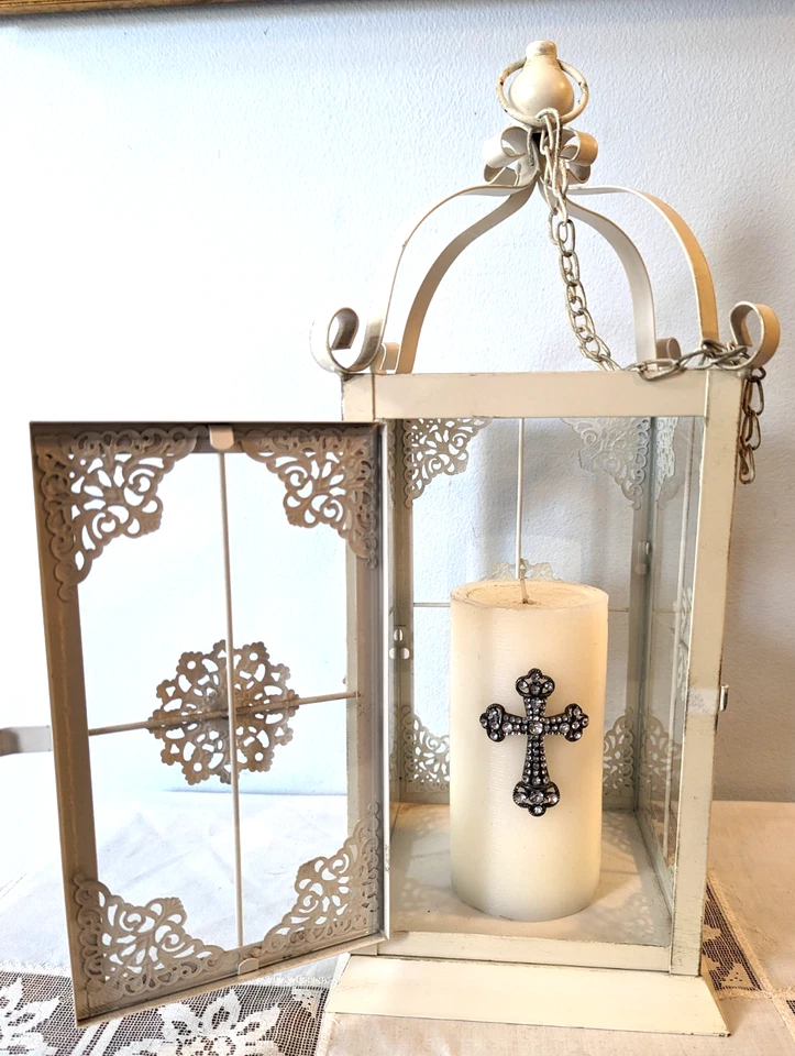 Vintage-Pier 1 Decorative Metal Lantern With Glass Panels-Crystal Stones -17" H - Image 1 of 4