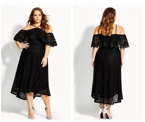 City Chic Black Lace Off The Shoulder High Neck Dress Size XS 16 Side Zip Cotton - Picture 1 of 4