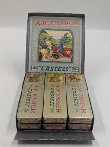 Antico astuccio vintage A. W. Faber Castell di 6 scatole di latta metallo cavaliere bavarese - Foto 1 di 13