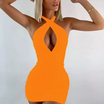 Ladies' Sexy New Sleeveless Ruched Hanging Neck Backless Collar Slim fit Dress - Image 1 of 4