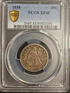 1858 Seated Liberty Quarter PCGS XF45 * Gold Shield - Picture 1 of 4