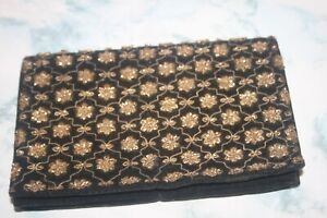 VINTAGE Black Velvet Clutch Purse Gemstones India Embroidered
