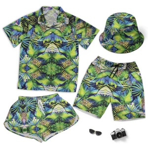 Tropical Green Short Beach Men Women Short And Hawaiian Shirt - Picture 1 of 8