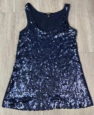 Camiseta sin mangas EXPRESS azul marino profundo lentejuelas cuello redondo sin mangas talla XS extra pequeña Foto 1 de 4